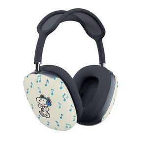 May include: Over-ear headphones with a cream-colored ear cup featuring a Snoopy graphic wearing headphones, surrounded by blue musical notes. The headphones have a dark gray headband and ear cups.