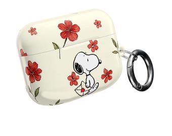 Snoopy Hugging Heart AirPod Case | Floral Red Flower Pattern