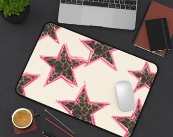 Leopard Star Pattern Desk Mat | Pink Neon Outline, Cream Background