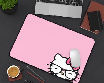 Kawaii Cat Hello Kitty with Glasses pink Desk Mat | Cute Hello Kitty Style Mousepad