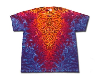 Tie dye T shirt mirror image fire crinkle v with purple edges