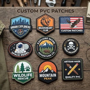 May include: A collection of eight custom PVC patches featuring various designs including an urban skyline, a lion, an American flag with an eagle, an astronaut, a mountain landscape with a bear, a skull, a wildlife rescue emblem, and art tools.