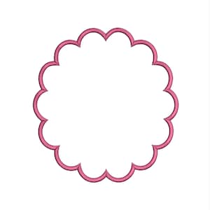 May include: A pink scalloped embroidery design, circular in shape, with a white interior. The design features a series of rounded scallops around the perimeter, creating a decorative border. The color is a soft, muted pink.