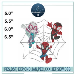 May include: Embroidered design featuring three Spider-Man characters on a web. The design includes Spider-Gwen in purple and white, Miles Morales in black and red, and Spider-Man in red and blue. Sizes available: 5.0", 5.5", 6.0", and 6.5".