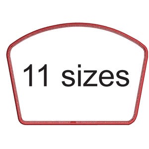 May include: A white, shield-shaped patch with a red embroidered border. The text 11 sizes is printed in black, sans-serif font in the center of the patch. The patch has a clean, symmetrical design with rounded corners and a flat bottom edge.