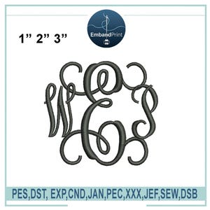 Op de afbeelding: Zwart geborduurd monogram met de letters W, E en S. De afbeelding bevat de tekst "1" 2" 3"" en het logo "EmbandPrint". De onderkant van de afbeelding toont bestandsformaten: PES, DST, EXP, CND, JAN, PEC, XXX, JEF, SEW, DSB.