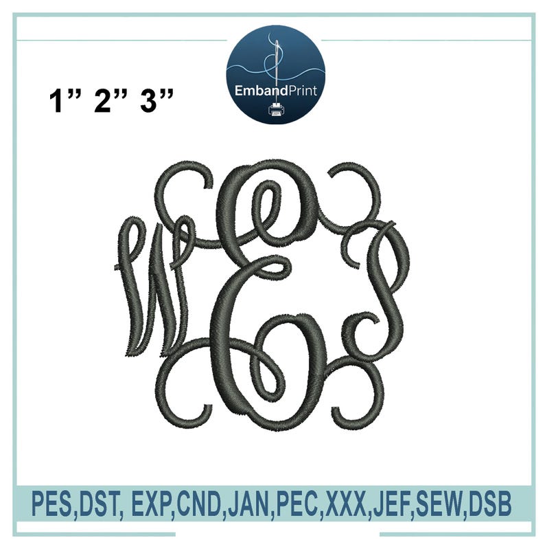 Op de afbeelding: Zwart geborduurd monogram met de letters W, E en S. De afbeelding bevat de tekst "1" 2" 3"" en het logo "EmbandPrint". De onderkant van de afbeelding toont bestandsformaten: PES, DST, EXP, CND, JAN, PEC, XXX, JEF, SEW, DSB.