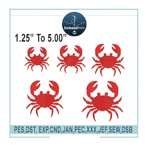 May include: Red crab embroidery designs in various sizes, ranging from 1.25 to 5.00 inches. The image includes the text "1.25" To 5.00" and the logo "EmbandPrint". The designs are available in multiple file formats.