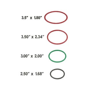May include: Four embroidered oval shapes in red, red, green, and black. Each oval has a different size, with the dimensions listed as 3.5" x 1.80", 3.50" x 2.34", 3.00" x 2.00", and 2.50" x 1.68".