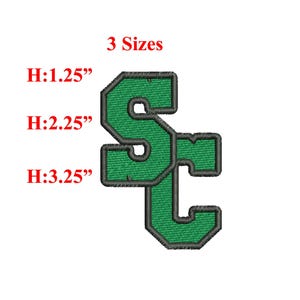 SC刺繍デザインファイル：大胆なインターロッキング「SC」ロゴ（複数の形式）3サイズ