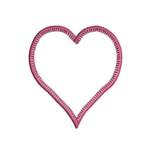 Könnte beinhalten: Ein pinkfarbener, gestickter Herzumriss auf weißem Hintergrund. Die Herzform ist mit einem strukturierten Stich gefüllt, wodurch ein detailliertes und dekoratives Design entsteht. Geeignet für Stickprojekte, Bastelarbeiten oder Valentinstagsthemen.