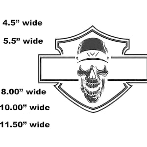 May include: A monochrome graphic featuring a skull wearing a helmet, set within a shield-like emblem. A rectangular space is provided for text. Width measurements are given: 11.4 cm, 14 cm, 20.3 cm, 25.4 cm, and 29.2 cm.