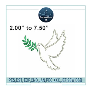 May include: White dove embroidery design holding a green olive branch. The design size ranges from 2.00" to 7.50". The image includes the text "EmbandPrint" and file formats: PES, DST, EXP, CND, JAN, PEC, XXX, JEF, SEW, DSB.