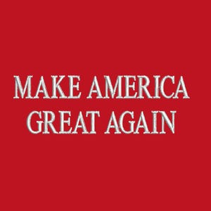May include: Red background with the embroidered text "MAKE AMERICA GREAT AGAIN" in white, serif font. The text is centered and takes up most of the image space.
