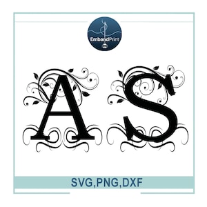 Puede incluir: Letras de monograma negras "A" y "S" con remolinos y hojas florales decorativas. Las letras están en una fuente en negrita con serif. La imagen incluye el texto "SVG, PNG, DXF".