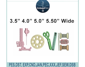 Love Naaien borduurontwerp, draad spoelnaald schaar, naai-elementen, 4 maten (digitale download)