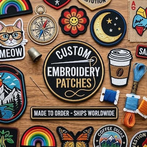 May include: A collection of embroidered patches featuring diverse designs including a skull with roses, a cat with glasses, mountains, a camera, pizza, and a coffee cup. A central circular patch reads Custom Embroidery Patches with a needle.