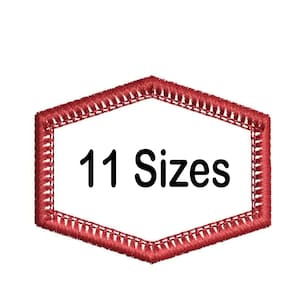 May include: A hexagonal patch featuring a thick, red embroidered border with a white center. The text 11 Sizes is printed in black, sans-serif font in the middle of the white area. The design is flat and isolated against a plain white background.