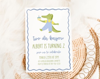 May include: A birthday invitation with a cartoon alligator holding a cake. The text reads "two da bayou, Albert is turning 2" with event details. The invitation has a blue border and is on a white background.