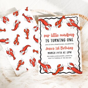May include: Two white cards with red crawfish illustrations. One card has a repeating pattern of crawfish. The other card has text that reads "our little mudbug IS TURNING ONE" and invites guests to a crawfish boil for Josie's 1st birthday.