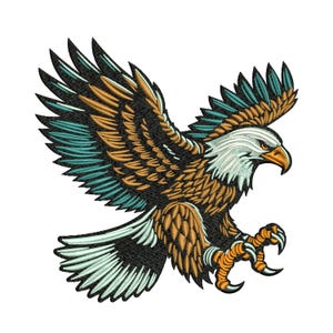 May include: Embroidered design of an eagle in flight, with detailed feathers in brown, teal, and black. The eagle has a white head and yellow beak and talons. The design is set against a white background.