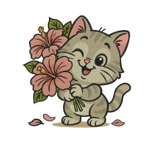 May include: An embroidery design featuring a gray tabby kitten with dark stripes, winking and smiling while holding a bouquet of two large pink hibiscus flowers with green leaves. The kitten has pink inner ears and a small pink nose.