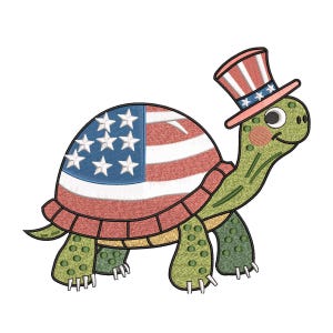 May include: An embroidered patch featuring a green turtle with a shell patterned like the American flag, including white stars on a blue field and red and white stripes. The turtle wears a top hat with red, white, and blue patriotic colors.
