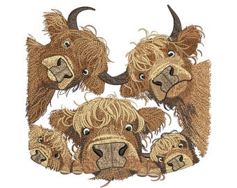 May include: An embroidered design featuring five Highland cows with shaggy brown fur and curious expressions. The cows are arranged closely together, with their faces and horns visible against a white background. The artwork has a detailed, textured appearance.