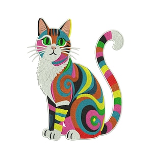 May include: A colorful embroidered cat with a whimsical design. The cat features a white chest, green eyes, and a striped tail. The body is adorned with swirls of blue, yellow, pink, and orange. The cat is sitting upright, showcasing its vibrant and detailed embroidery.