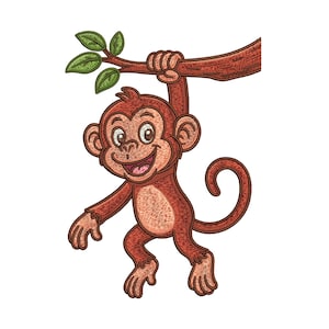 Peut inclure: Illustration de dessin animé d'un singe souriant suspendu à une branche d'arbre avec des feuilles vertes. Le singe est brun avec un ventre brun clair et une longue queue enroulée. La branche est brune, et le fond est blanc.