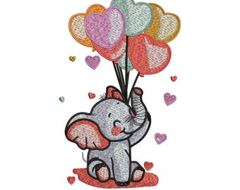 Baby Elefant Herz Luftballons Stickdatei (Digitaler Download)
