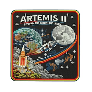 May include: A square embroidered patch with a black background featuring the text ARTEMIS II AROUND THE MOON AND BACK. The design includes a colourful rocket launching from a textured surface, a blue and green Earth, a grey moon, and white stars.