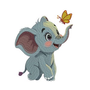 May include: A cartoon illustration of a baby elephant in shades of gray, with large ears and a raised trunk. A yellow and orange butterfly hovers near the trunk. The elephant has rosy cheeks and a smiling expression.