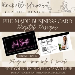 Puede incluir: Diseño de tarjeta de visita digital con fondo negro y texto rosa neón que dice "Jane Smith" y "Your Business Name". El diseño de la tarjeta también incluye una vista frontal y posterior, con el texto "Plug in your info & print!"