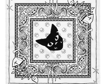 Puede incluir: Bandana blanca con una cara de gato negro en el centro, rodeada de huellas de patas. El borde presenta un diseño de cachemira y varios elementos gráficos. La palabra "BANDET" está impresa en la bandana.