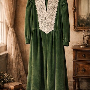 Vintage Neiman Marcus Green Velvet Maxi Dress Ruth Norman Lace Bib Petite S