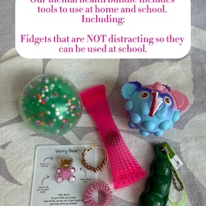 May include: A collection of fidget toys, including a green ball with colorful beads, a pink mesh tube, a blue elephant-shaped toy, a Worry Bear card, a gold ring, a pink spiky ring, and a green pea pod. Text on the image reads: "Our mental health bundle includes tools to use at home and school."