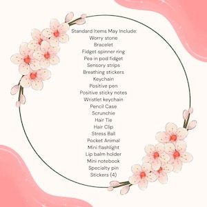 May include: A list of standard items, including a worry stone, bracelet, fidget spinner ring, and more, is displayed within a green circular frame. The text is surrounded by pink floral accents on a cream background.
