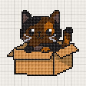 May include: Pixelated image of a cat in a box. The cat has brown, black, and white fur. It is sitting inside a brown cardboard box. The image is a grid of small squares, giving it a pixelated appearance.