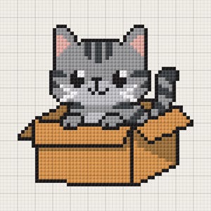 Puede incluir: Ilustración pixelada de un gato atigrado gris sentado en una caja de cartón marrón. El gato tiene rayas negras y orejas rosas. La caja está abierta y tiene un diseño simple y cuadrado, ideal para punto de cruz o pixel art.