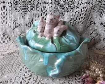 Farmhouse handmade ceramic cabbage dish with bunnies, 1970s vintage