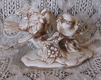 Vintage birds statue glazed ceramic beige