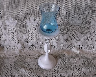 Vintage Shabby metal candle holder with votive glass blue, heirloom white