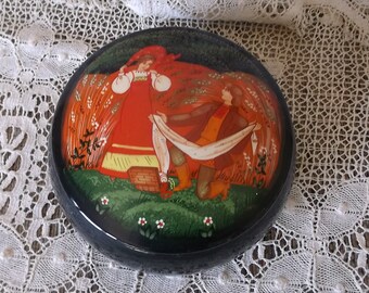 Black laquer box hand painted, russian trinket storage