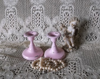 Shabby pink metal candle stick holders, romantic home decor