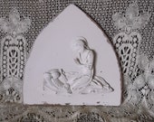 Carved wood Madonna and child wall hanging shabby white