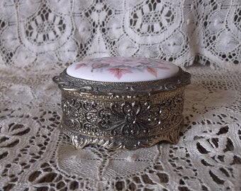 Petite metal and ceramic Music Box, Cottage chic, trinket box, jewelry casket