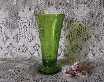 Vintage green glass footed vase, embossed grapes romantic farmhouse