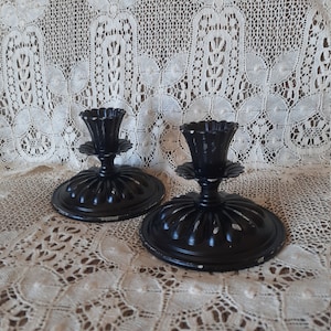 1970s vintage metal candle stick holders, distressed black pair