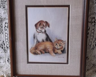 Vintage framed dog with cat picture, shabby wood, burlap inspired, rustic chic